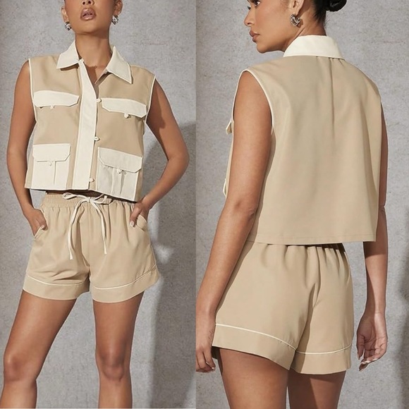 Tan & ivory matching 2 piece shorts & vest set — pocket front button up detail - Picture 3 of 7